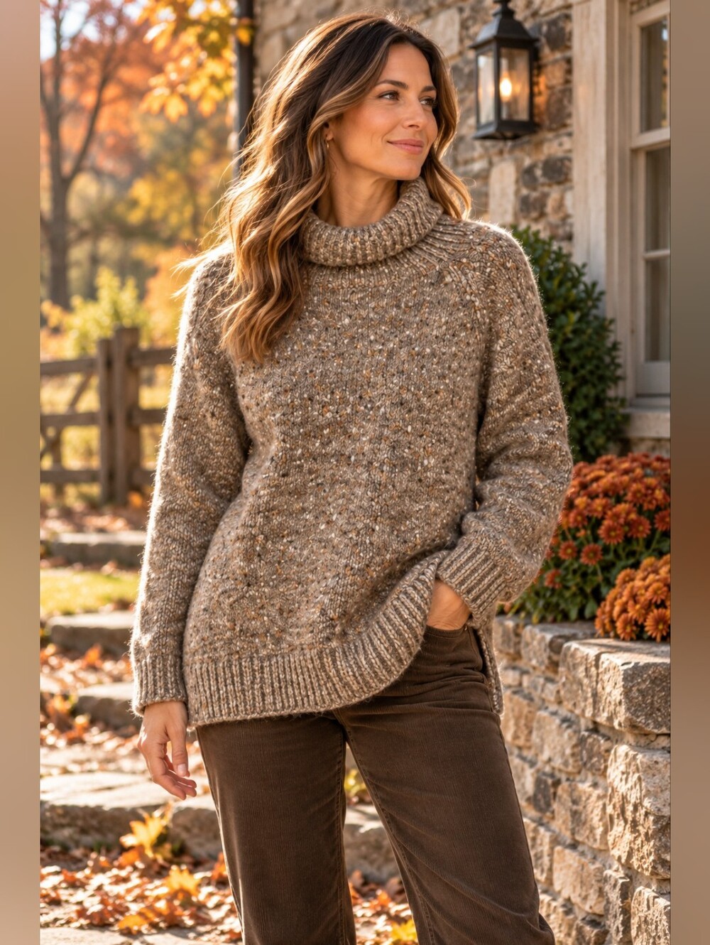 Hand Knit Wool Tweed Turtleneck Sweater Brown Heathered Rustic Cottagecore